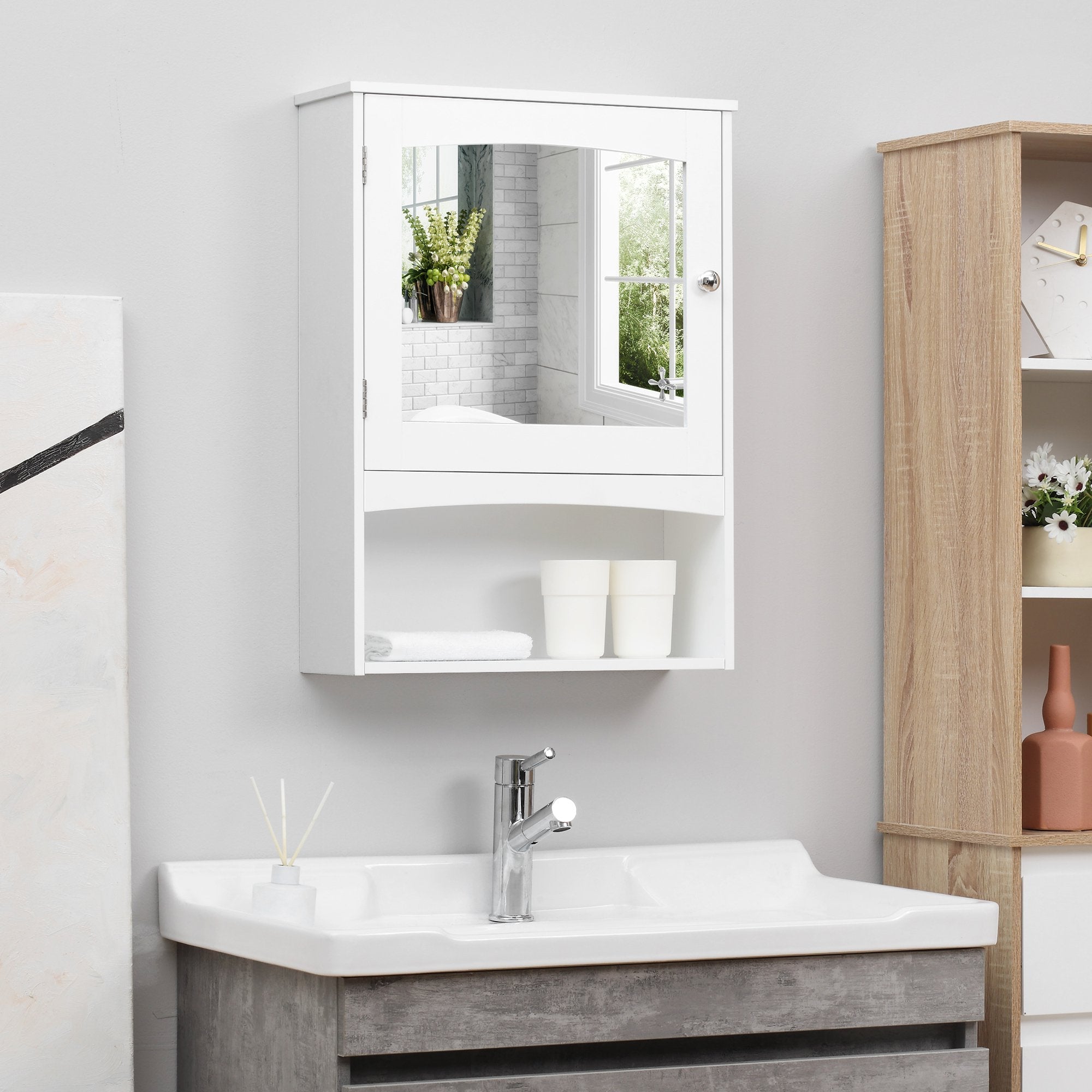 Armário de espelho de casa de banho prateleira de parede armário de  armazenamento 65x17x63cm branco