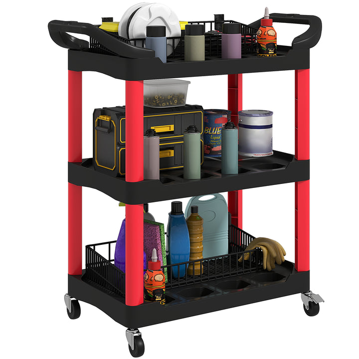 Carro de Oficina Carro de Ferramentas com 3 Prateleiras Rodas e Pegas para Garagem Oficina Casa Carga 91 kg 83x43x97 cm Vermelho e Preto