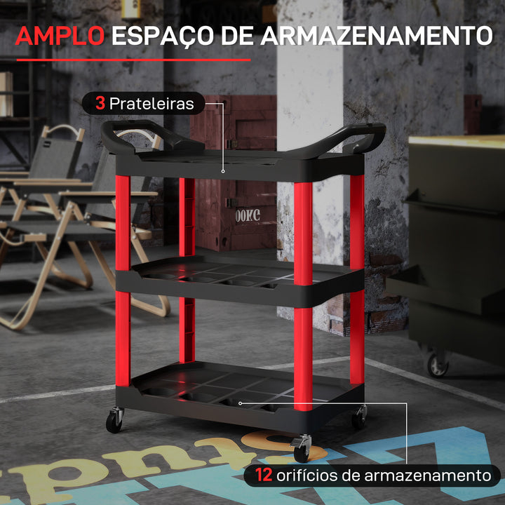 Carro de Oficina Carro de Ferramentas com 3 Prateleiras Rodas e Pegas para Garagem Oficina Casa Carga 91 kg 83x43x97 cm Vermelho e Preto