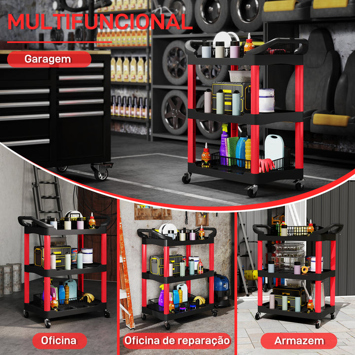 Carro de Oficina Carro de Ferramentas com 3 Prateleiras Rodas e Pegas para Garagem Oficina Casa Carga 91 kg 83x43x97 cm Vermelho e Preto