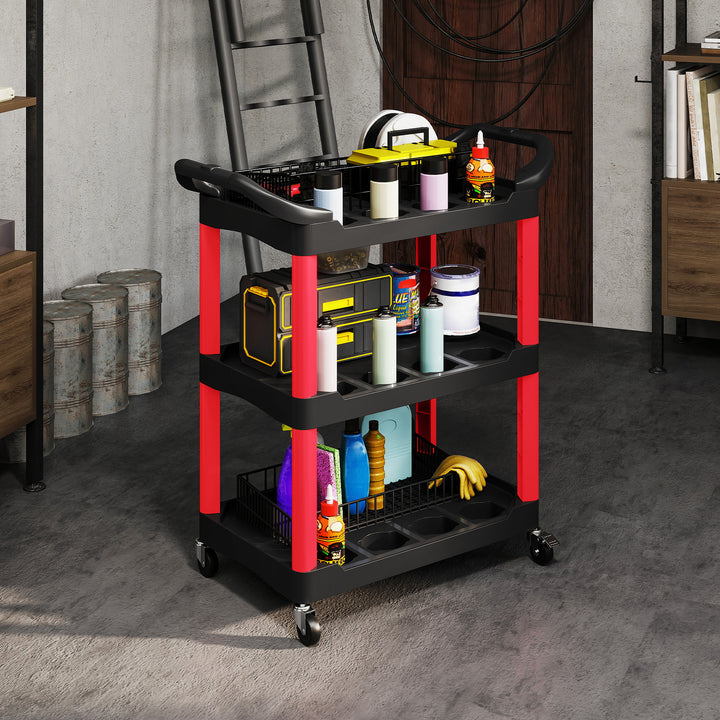 Carro de Oficina Carro de Ferramentas com 3 Prateleiras Rodas e Pegas para Garagem Oficina Casa Carga 91 kg 83x43x97 cm Vermelho e Preto