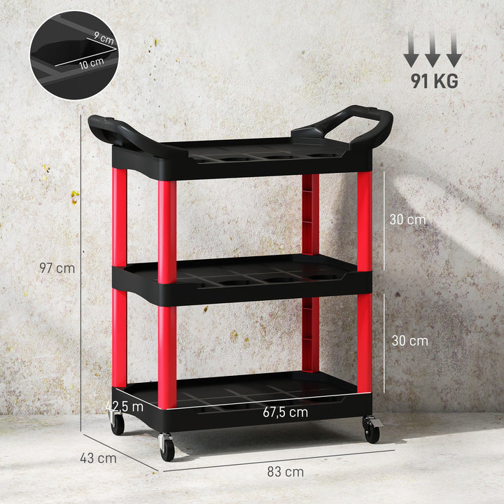 Carro de Oficina Carro de Ferramentas com 3 Prateleiras Rodas e Pegas para Garagem Oficina Casa Carga 91 kg 83x43x97 cm Vermelho e Preto