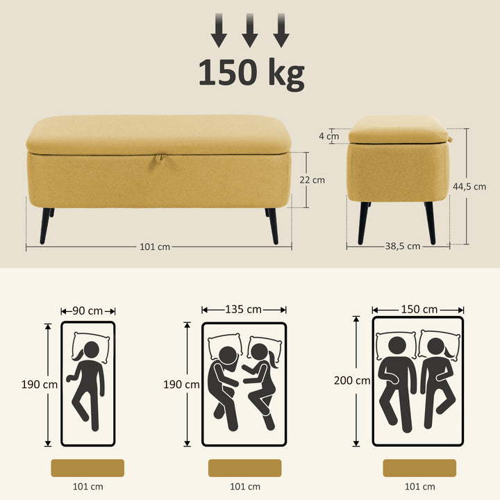 Banco de Armazenamento Estofado em Linho com Tampa Abatível e Pés de Aço para Dormitório Sala de Estar Entrada Carga Máxima 150kg 102x40x39,5cm Amarelo