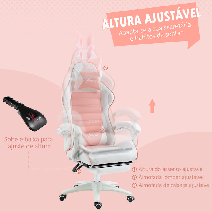 Cadeira Gaming Profissional Cadeira Gamer Giratória de Couro PU com Altura Ajustável Inclinável 135° Apoio para a Cabeça e Apoio para os Pés para Escritório 65x63x136-142 cm Rosa e Preto