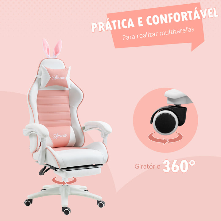 Cadeira Gaming Profissional Cadeira Gamer Giratória de Couro PU com Altura Ajustável Inclinável 135° Apoio para a Cabeça e Apoio para os Pés para Escritório 65x63x136-142 cm Rosa e Preto
