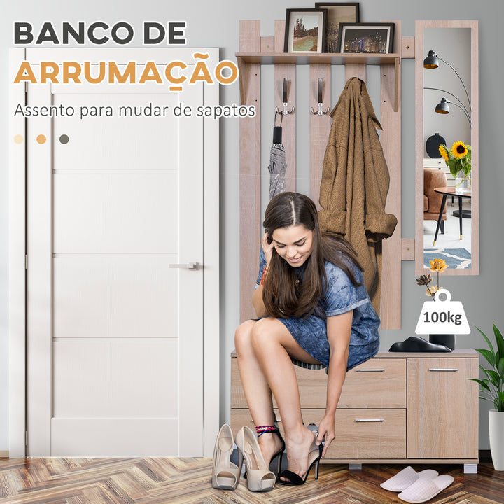 Móvel Cabide de Entrada com Espelho Ganchos e Sapateira Móvel de Entrada com 3 Ganchos Prateleira e 2 Gavetas para Corredor Carvalho