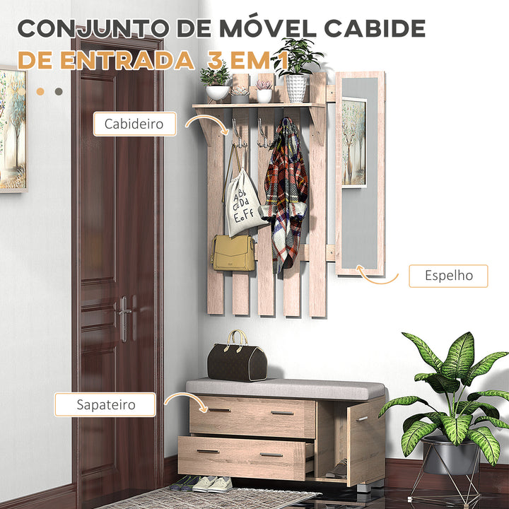 Móvel Cabide de Entrada com Espelho Ganchos e Sapateira Móvel de Entrada com 3 Ganchos Prateleira e 2 Gavetas para Corredor Carvalho
