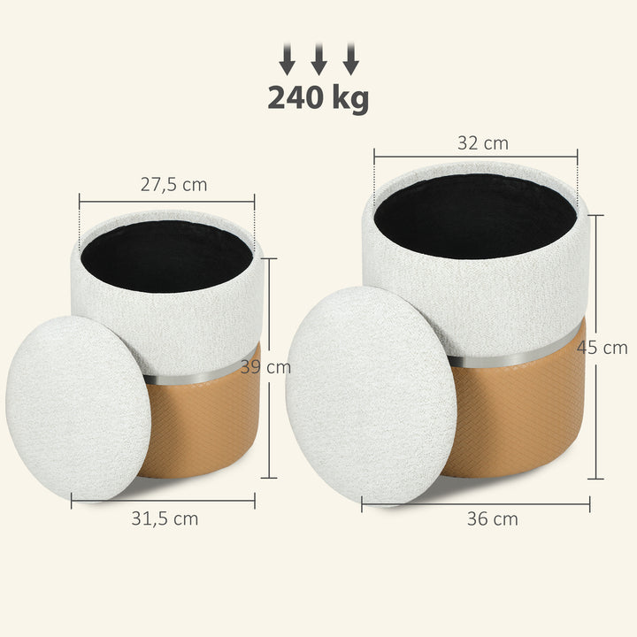 Conjunto de 2 Puffs de Armazenamento Baús Redondos Estofados em Chenille e PU Assento Acolchoado para Entrada Quarto ou Sala Castanho e Creme