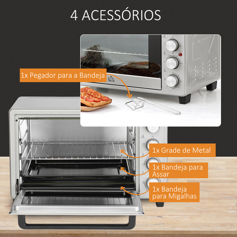 Mini Forno de Convecção 32L 16000 com 3 Modos de Aquecimento Temperatura até 230 °C Temporizador Bandeja de Assar Ajustável em 3 Níveis 52,2x38,1x33,5cm Prata