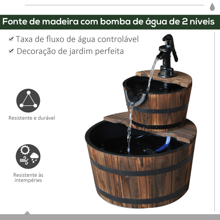 Fonte de Água em Madeira Fonte de Jardim em Cascata de 2 Níveis com Bomba Elétrica e Saída de Água Ajustável para Decoração de Pátio ou Terraço Ø44,5x58,5 cm Madeira