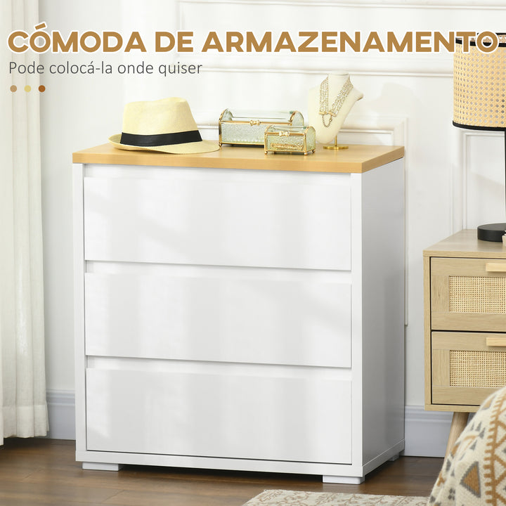 Cómoda Moderna com 3 Gavetas Cómoda de Madeira para Dormitório Sala de Estar Carga Máxima 40 kg 70x37x75 cm Branco e Madeira
