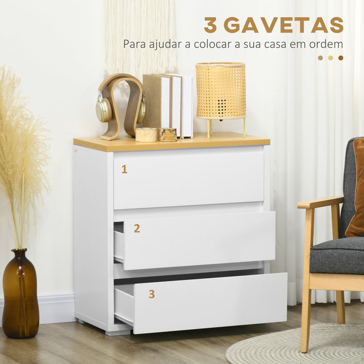 Cómoda Moderna com 3 Gavetas Cómoda de Madeira para Dormitório Sala de Estar Carga Máxima 40 kg 70x37x75 cm Branco e Madeira