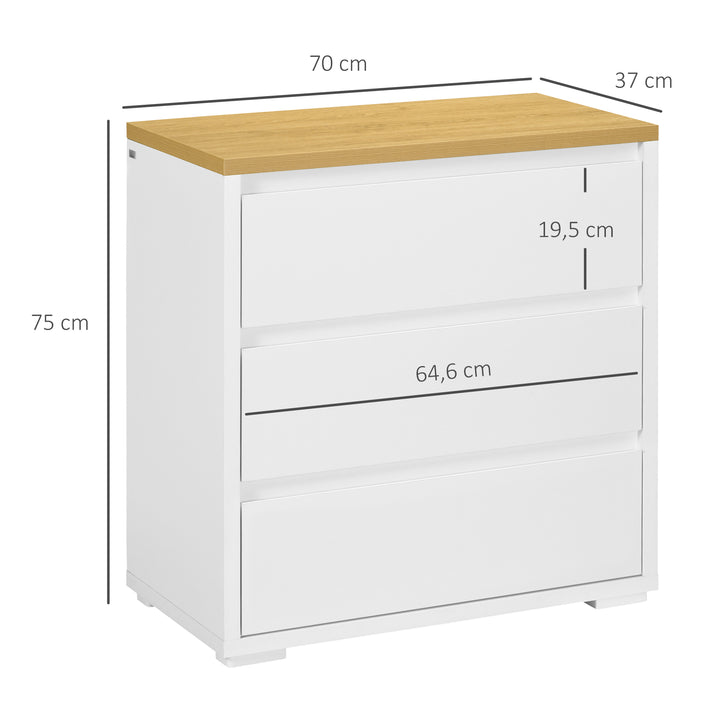 Cómoda Moderna com 3 Gavetas Cómoda de Madeira para Dormitório Sala de Estar Carga Máxima 40 kg 70x37x75 cm Branco e Madeira