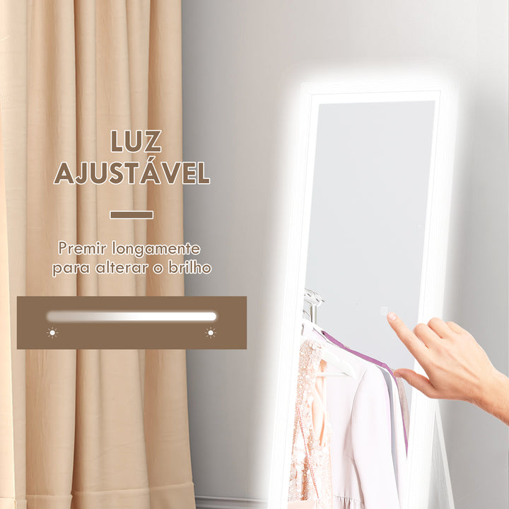 Espelho de Pé com Luz LED 40x160 cm Espelho de Corpo Inteiro com Iluminação de 3 Cores Tátil Função de Memória e Suporte para Sala de Estar Dormitório Branco