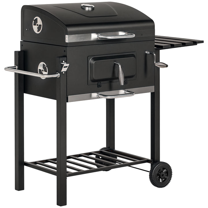 Barbecue a Carvão com Rodas Barbecue com Tampa Grelhas de Aço Inoxidável Termômetro Fogão Ajustável Bandeja Lateral e Prateleira 113x65x108 cm Preto