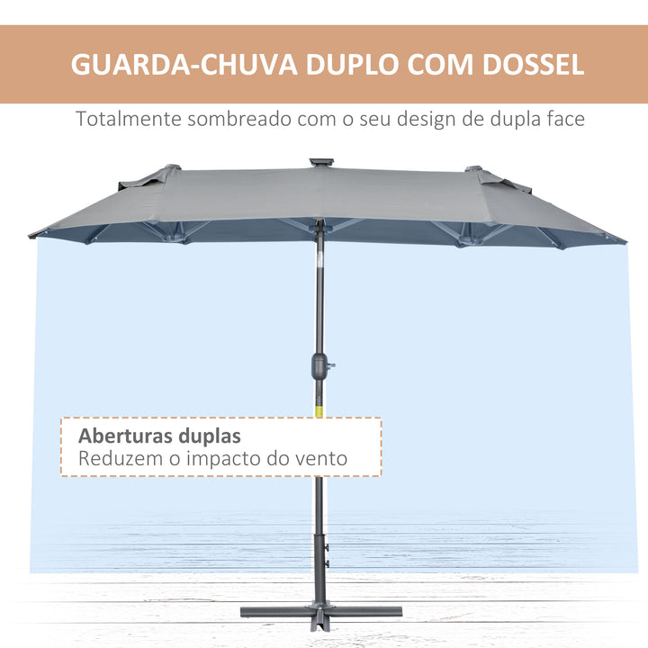 Chapéu de Sol Duplo 295x150x219 cm Chapéu de Sol de Jardim com Luzes LED Solares Teto com Inclinação Ajustável e Manivela Manual para Pátio Piscina Praia Cinza