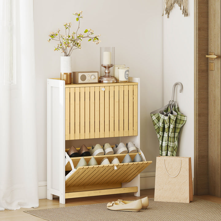Sapateira Estreita com 2 Portas de Bambu em Ripas Móvel Sapateira com Prateleiras Ajustáveis para 12 Pares de Sapatos 60x24x82,5 cm Branco e Madeira