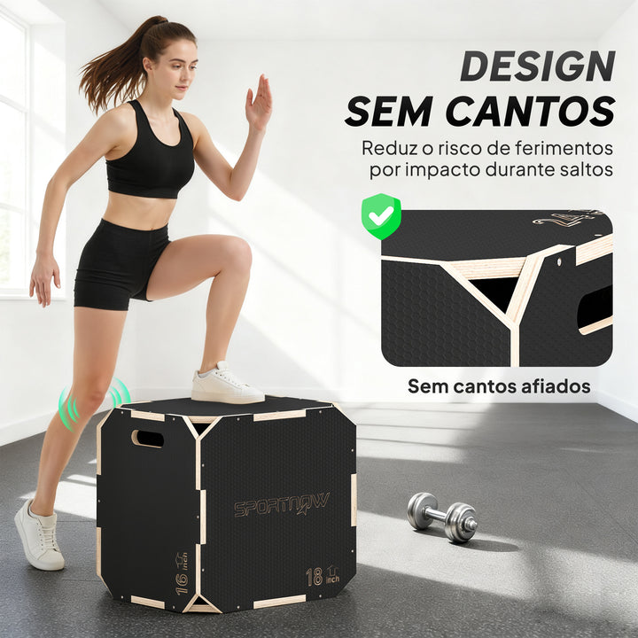 Caixa Pliométrica de Madeira 3 em 1 Plataforma de Caixa Pliométrica com 3 Alturas Diferentes Alças Sem Cantos Treino de Salto Força em Casa Ginásio e Exterior 51x47,5x40,5 cm Preto