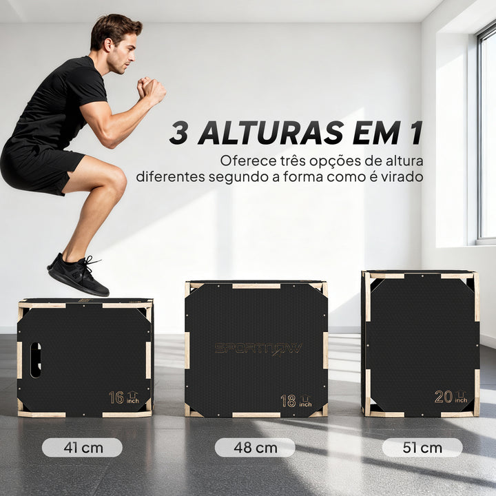 Caixa Pliométrica de Madeira 3 em 1 Plataforma de Caixa Pliométrica com 3 Alturas Diferentes Alças Sem Cantos Treino de Salto Força em Casa Ginásio e Exterior 51x47,5x40,5 cm Preto
