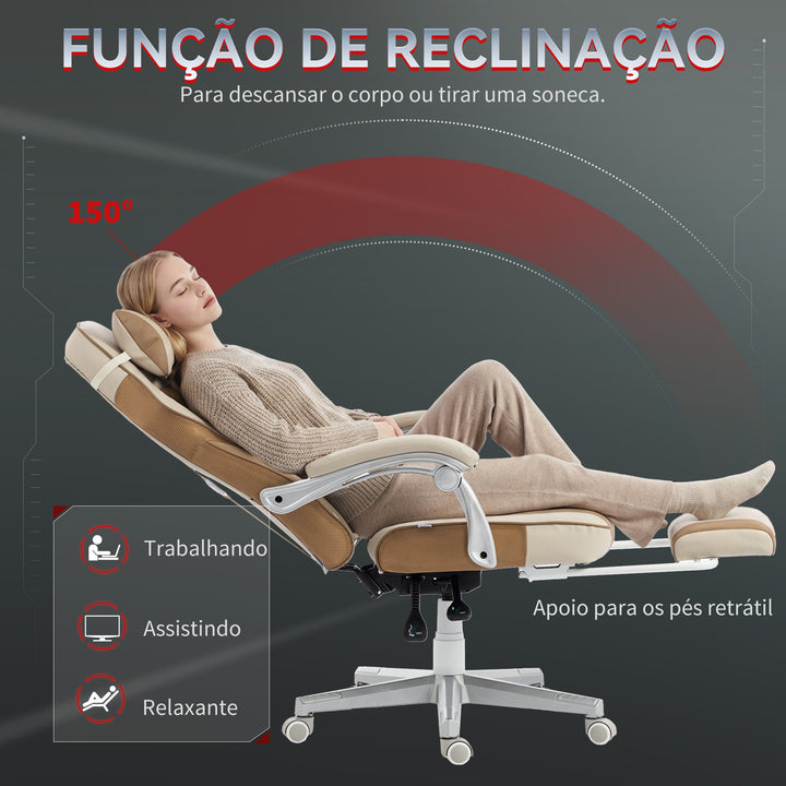 Cadeira Gaming Reclinável com Altura Ajustável, Apoio para Pés Retrátil, Suporte Lombar e Almofada de Cabeça para Escritório ou Estúdio - Creme