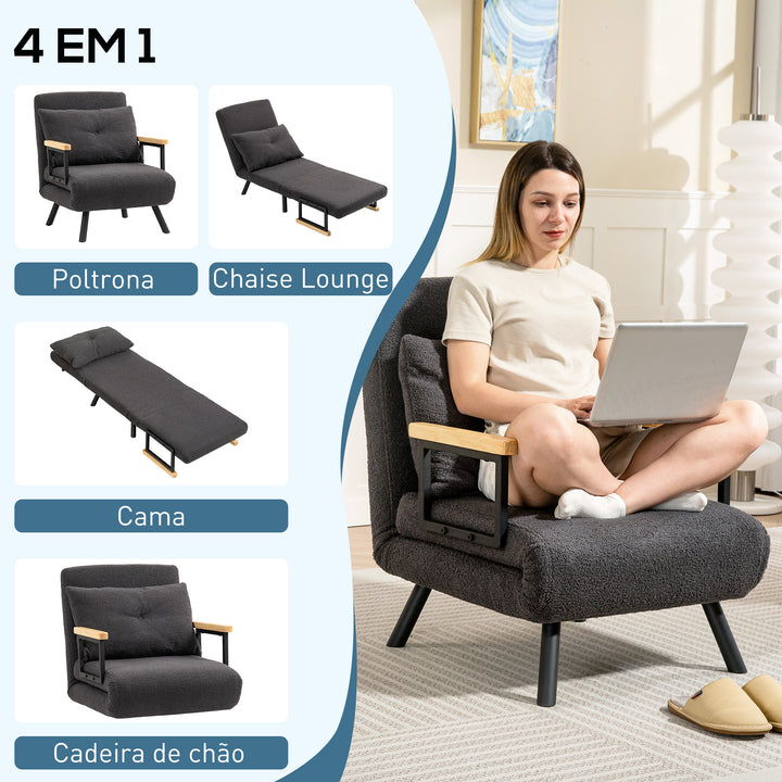 Poltrona Convertível em Cama Dobrável Poltrona 3 em 1 Convertível em Cama com Encosto Ajustável em 5 Níveis e Almofada Acolchoada para Escritório Sala de Estar Carga 120 kg 63x73x81 cm Cinza