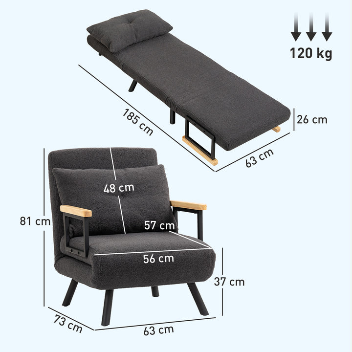 Poltrona Convertível em Cama Dobrável Poltrona 3 em 1 Convertível em Cama com Encosto Ajustável em 5 Níveis e Almofada Acolchoada para Escritório Sala de Estar Carga 120 kg 63x73x81 cm Cinza