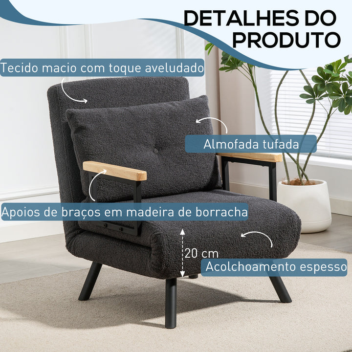 Poltrona Convertível em Cama Dobrável Poltrona 3 em 1 Convertível em Cama com Encosto Ajustável em 5 Níveis e Almofada Acolchoada para Escritório Sala de Estar Carga 120 kg 63x73x81 cm Cinza