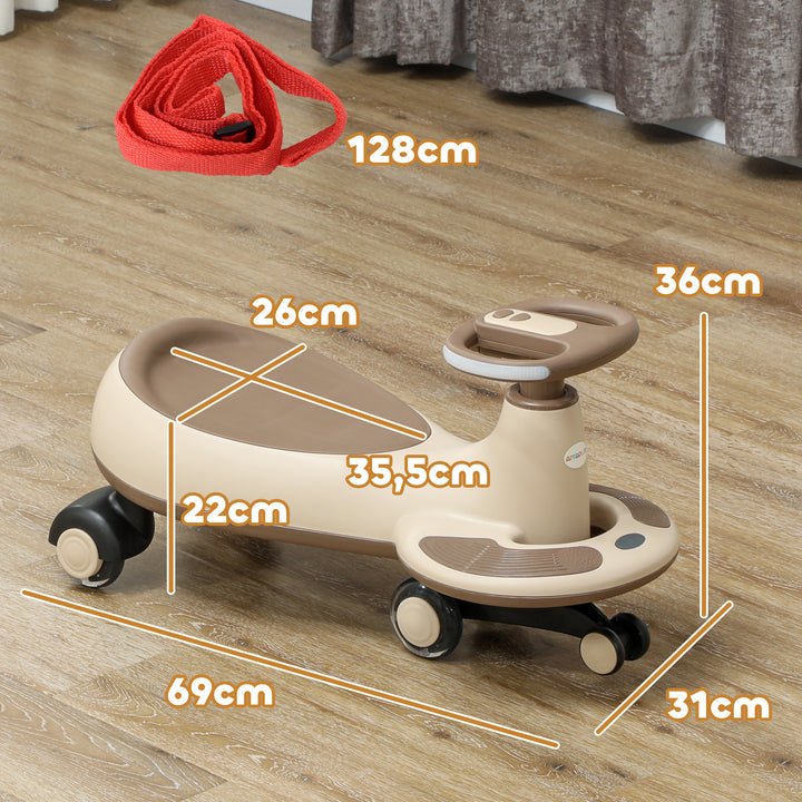Carrinho Gira Gira para Crianças acima de 2 Anos Carrinho Wiggle com Guiador para Pais Música Luz e Espaço de Arrumação 69x31x69 cm Cáqui
