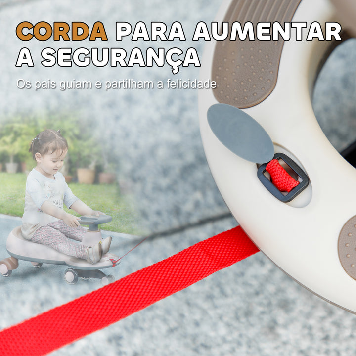 Carrinho Gira Gira para Crianças acima de 2 Anos Carrinho Wiggle com Guiador para Pais Música Luz e Espaço de Arrumação 69x31x69 cm Cáqui