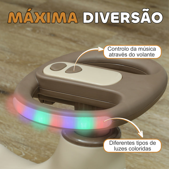 Carrinho Gira Gira para Crianças acima de 2 Anos Carrinho Wiggle com Guiador para Pais Música Luz e Espaço de Arrumação 69x31x69 cm Cáqui