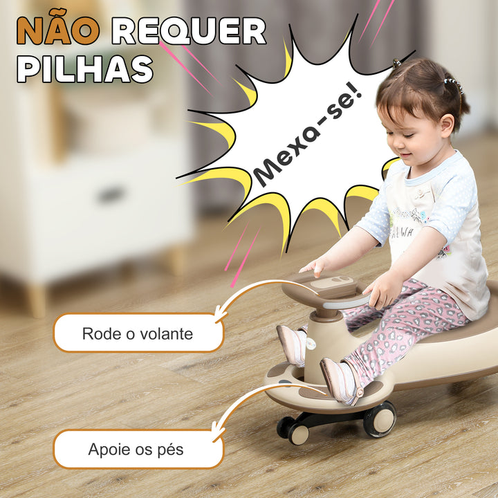 Carrinho Gira Gira para Crianças acima de 2 Anos Carrinho Wiggle com Guiador para Pais Música Luz e Espaço de Arrumação 69x31x69 cm Cáqui