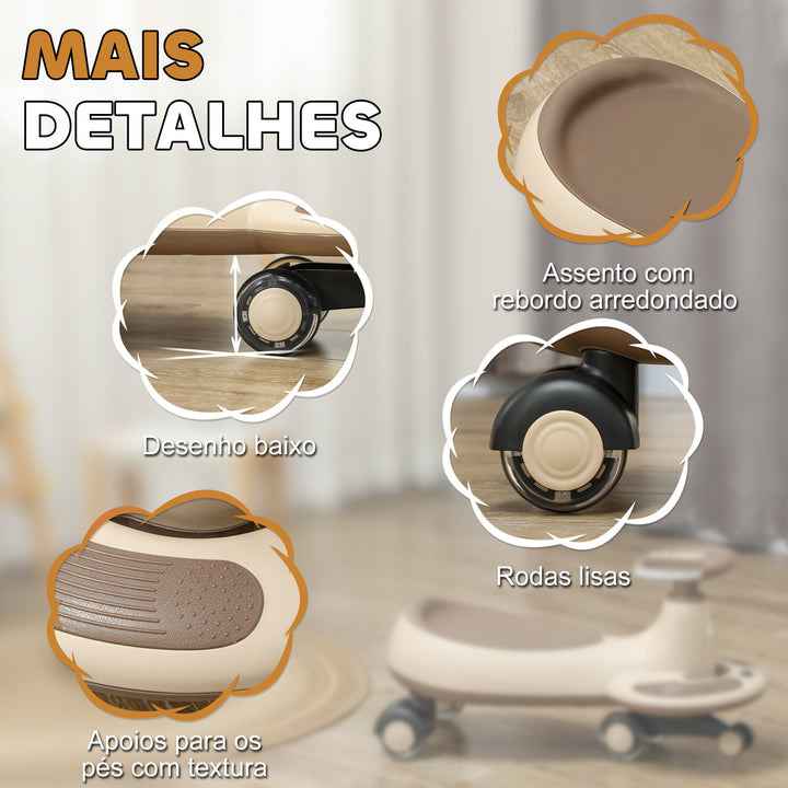 Carrinho Gira Gira para Crianças acima de 2 Anos Carrinho Wiggle com Guiador para Pais Música Luz e Espaço de Arrumação 69x31x69 cm Cáqui
