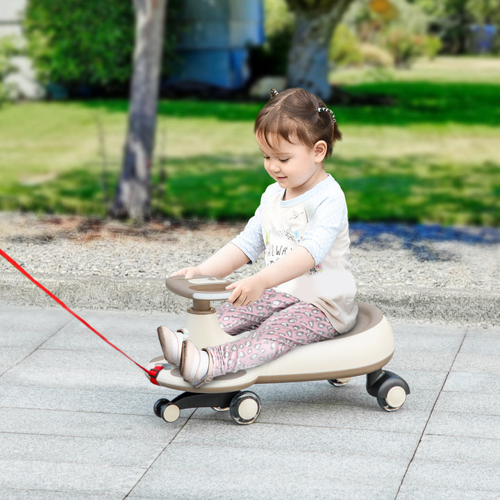 Carrinho Gira Gira para Crianças acima de 2 Anos Carrinho Wiggle com Guiador para Pais Música Luz e Espaço de Arrumação 69x31x69 cm Cáqui