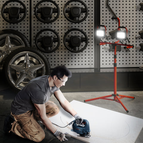 Projetor LED Duplo Recarregável de Alumínio com Tripé Dobrável 8500 Lúmenes IP65 6500K e Cabeças Ajustáveis para Trabalho Interior e Exterior Vermelho e Preto