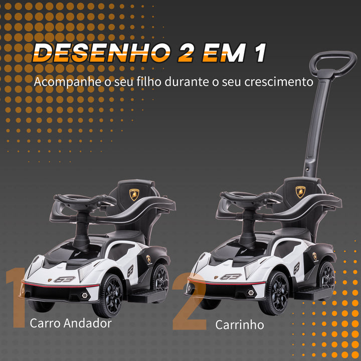2 em 1 Carro Andador para Crianças 12-36 Meses Lamborghini Essenza SCV2 Carro Andador com Buzina Guiador e Grade de Segurança Removível 86,5x40x89,5cm Branco e Preto