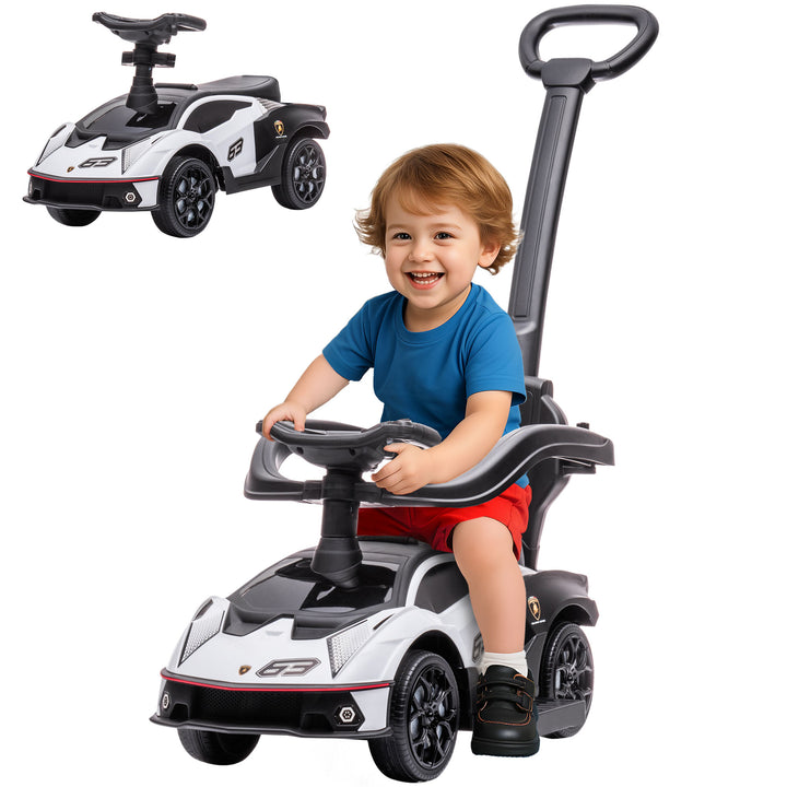 2 em 1 Carro Andador para Crianças 12-36 Meses Lamborghini Essenza SCV2 Carro Andador com Buzina Guiador e Grade de Segurança Removível 86,5x40x89,5cm Branco e Preto