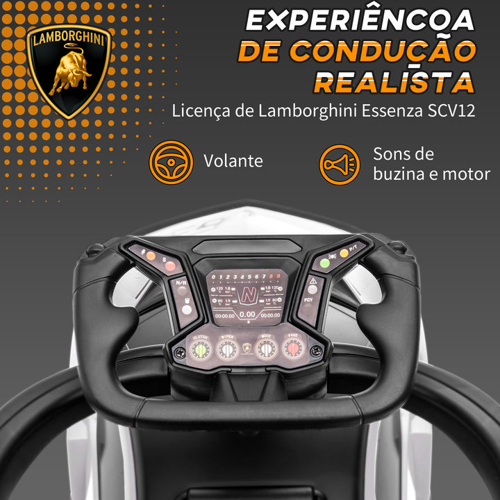 2 em 1 Carro Andador para Crianças 12-36 Meses Lamborghini Essenza SCV2 Carro Andador com Buzina Guiador e Grade de Segurança Removível 86,5x40x89,5cm Branco e Preto