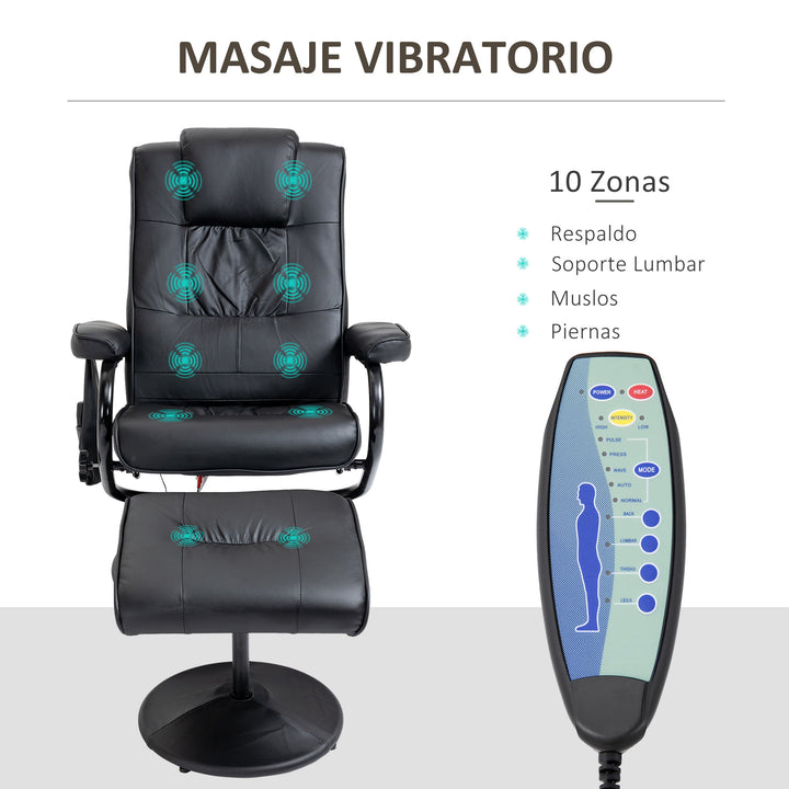 Poltrona de Massagem Elétrica com Banco para Apoiar os Pés Poltrona Relax Giratório Reclinável em até 145° com Controle Remoto e 10 Zonas de Massagem Estofado em PU 77x84x95cm Preto