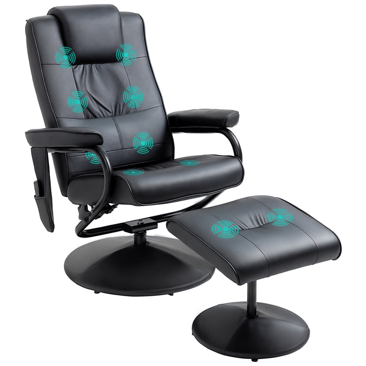 Poltrona de Massagem Elétrica com Banco para Apoiar os Pés Poltrona Relax Giratório Reclinável em até 145° com Controle Remoto e 10 Zonas de Massagem Estofado em PU 77x84x95cm Preto