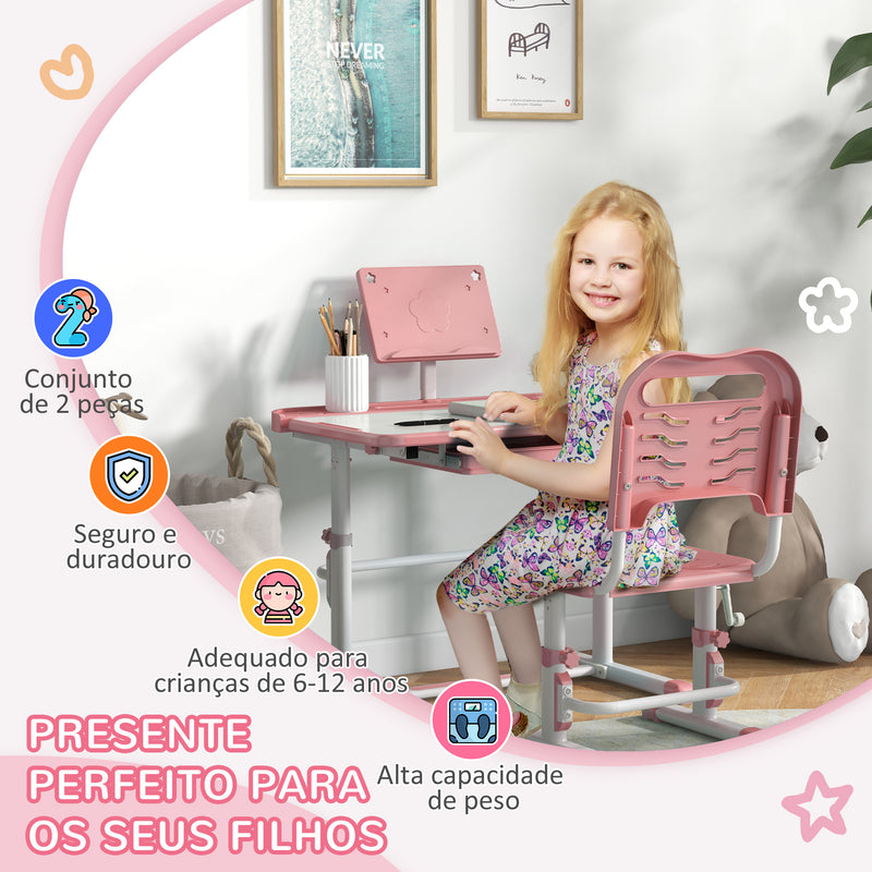 Conjunto de Secretária e Cadeira para Crianças de 6-12 Anos Secretária para Crianças com Altura Ajustável com 1 Gaveta Prateleira para Livros e Ângulo da Mesa Ajustável 80x49,5x82-104 cm Rosa