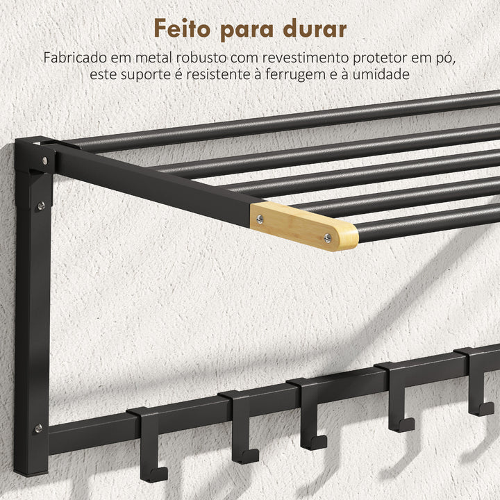 Toalheiro de Parede Dobrável com 5 Barras e 6 Ganchos Suporte para Toalhas para Casa de Banho Dobrável e Compacto 60x32,5x20 cm Preto