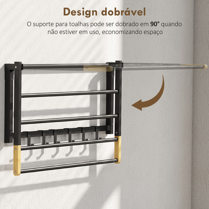 Toalheiro de Parede Dobrável com 5 Barras e 6 Ganchos Suporte para Toalhas para Casa de Banho Dobrável e Compacto 60x32,5x20 cm Preto