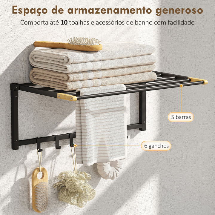 Toalheiro de Parede Dobrável com 5 Barras e 6 Ganchos Suporte para Toalhas para Casa de Banho Dobrável e Compacto 60x32,5x20 cm Preto