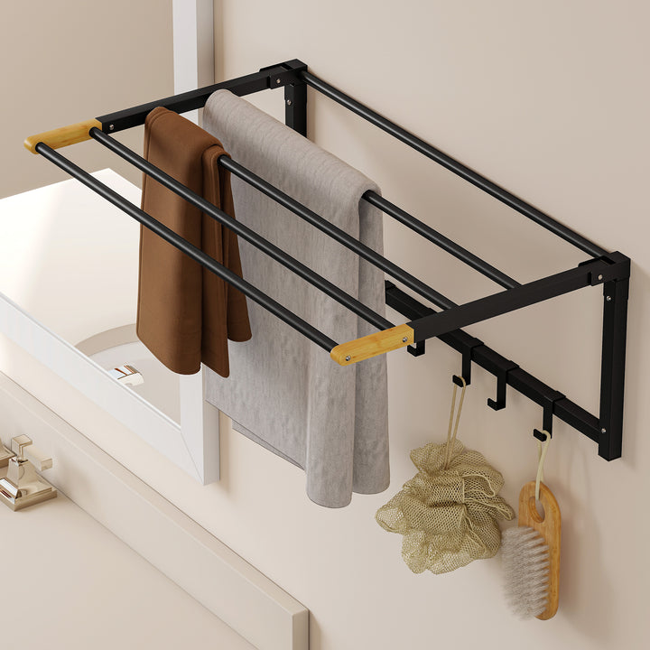 Toalheiro de Parede Dobrável com 5 Barras e 6 Ganchos Suporte para Toalhas para Casa de Banho Dobrável e Compacto 60x32,5x20 cm Preto