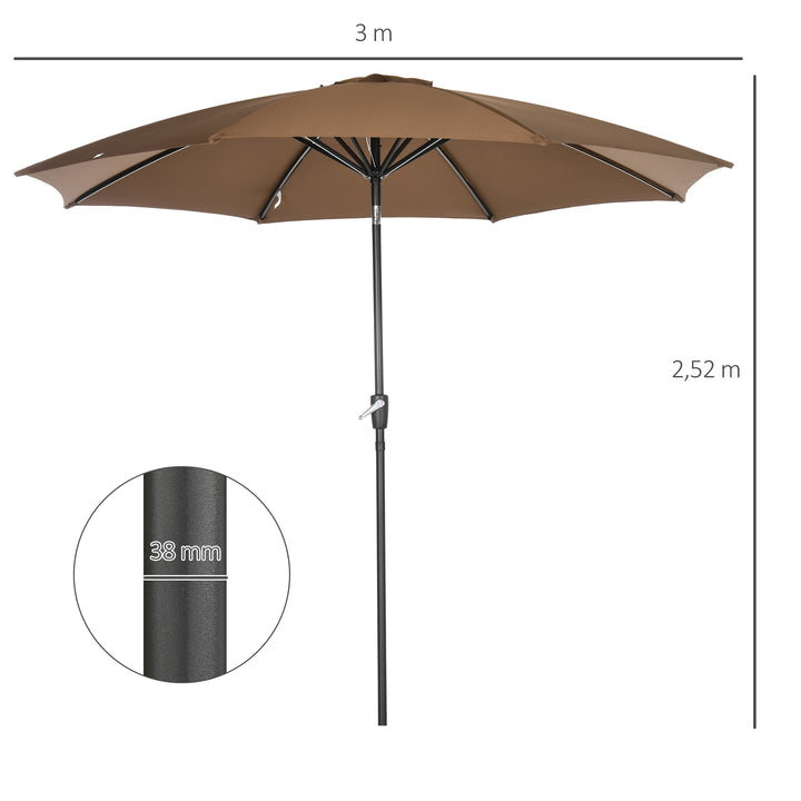 Chapéu de Sol Ø300x240 cm Chapéu de Sol a Manivela com Teto Inclinável e 8 Hastes de Metal para Pátio Varanda Exterior Marrom