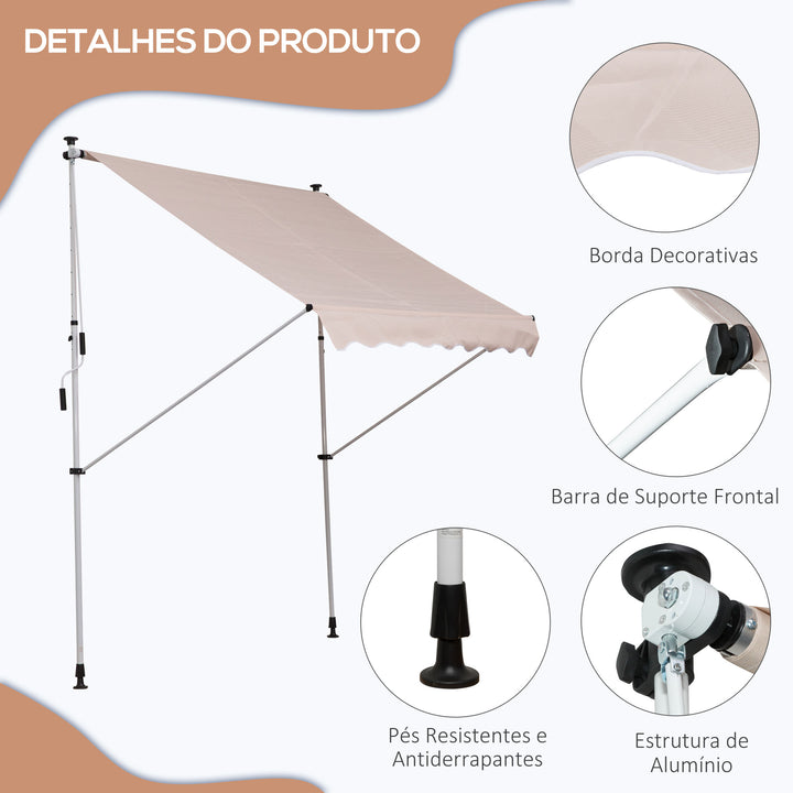Toldo manual retrátil 200x150x170-280 cm com manivela para terraço varanda jardim pátio bege