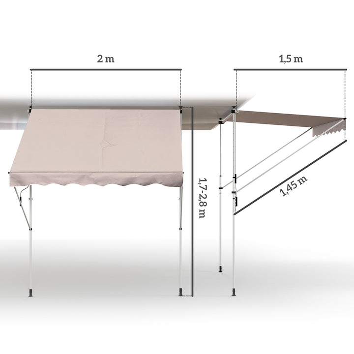 Toldo manual retrátil 200x150x170-280 cm com manivela para terraço varanda jardim pátio bege