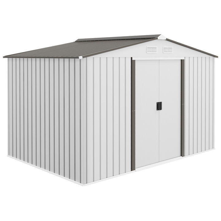 Abrigo de Jardim Exterior Abrigo e Jardim Metálico para Armazenamento de Ferramentas com 4 Janelas 277x195x192 cm Branco e Cinza Escuro