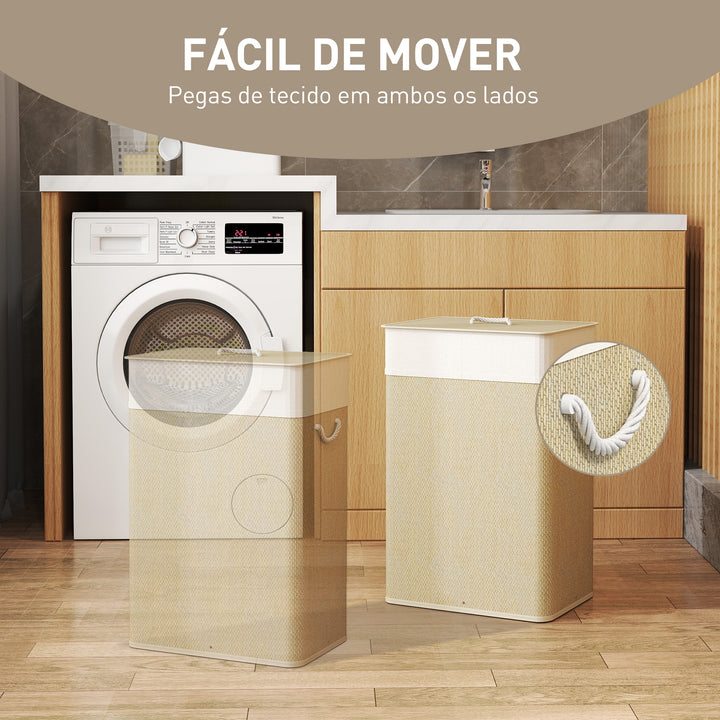 Cesto de Roupa com Tampa 72L Cesto de Roupa de Bambu com Bolsa Interior Removível e Alças para Lavandaria Dormitório 40x30x60 cm Bege e Creme