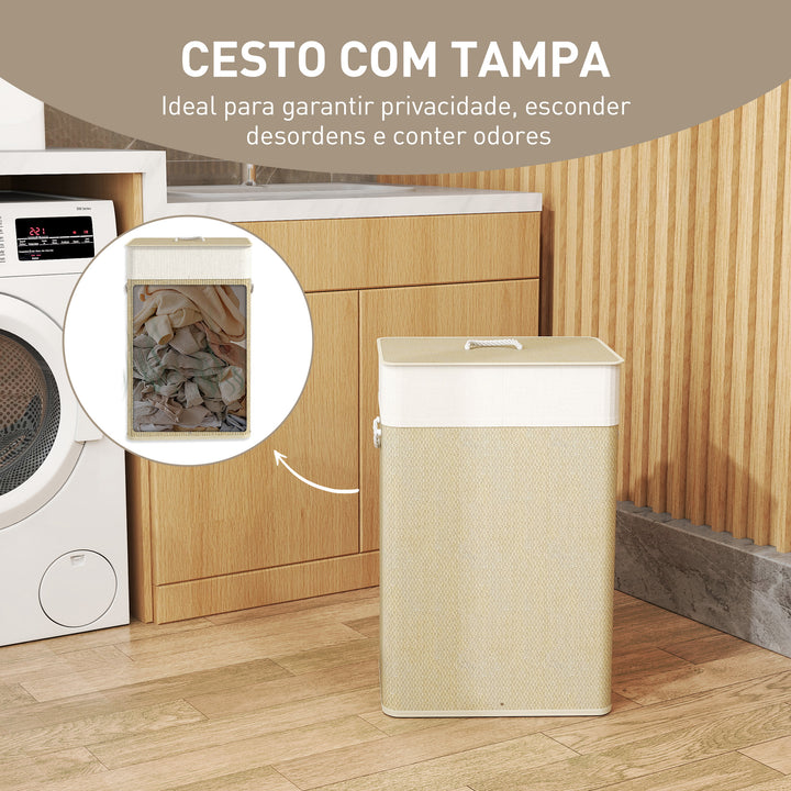 Cesto de Roupa com Tampa 72L Cesto de Roupa de Bambu com Bolsa Interior Removível e Alças para Lavandaria Dormitório 40x30x60 cm Bege e Creme